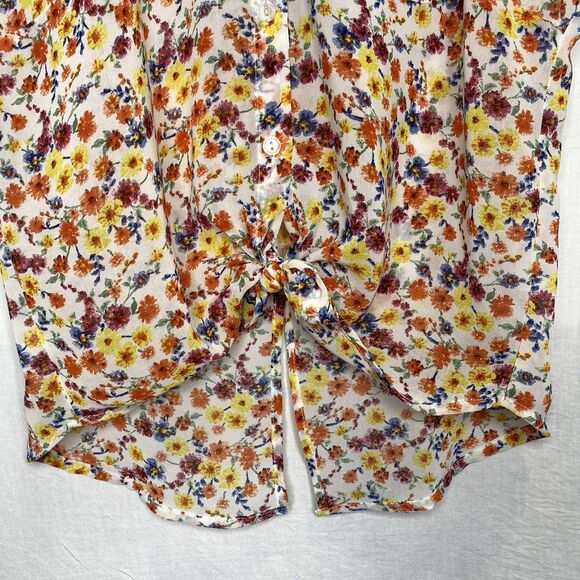 AMBIANCE APPAREL Blouse Sleeveless Sheer Tie Hi-Low Ditsy Floral Womens S White - Picture 8 of 11